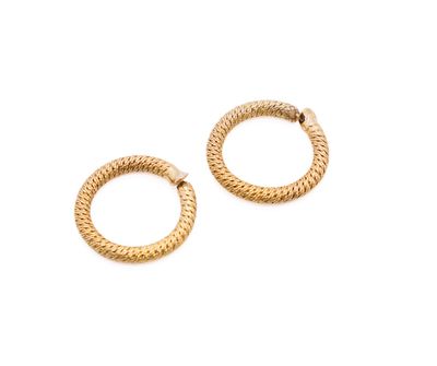 a pair of gold hoop earrings on a white background