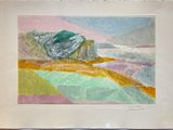 une image représentant une aquarelle d'une montagne avec un rocher au premier plan