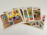 On y voit plusieurs cartes postales pour enfants représentant divers personnages