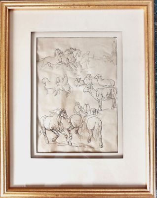 un dessin représentant un groupe de chevaux, encadré et accroché au mur