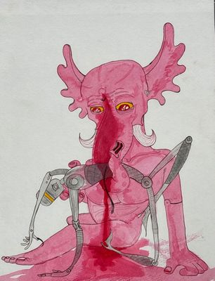 tableau représentant une femme tenant des ciseaux et portant une robe rose tachée de sang