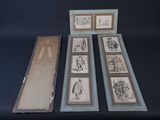 three framed drawings of people and animals on a black background
