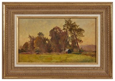 un tableau représentant un champ avec des arbres et une grange au loin