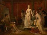 an image of a painting of a woman standing in a room with other women