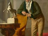painting of a man in a green jacket leaning on a chair next to a horse statue