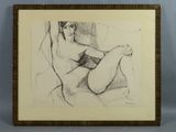 dessin représentant une femme nue assise sur une chaise, les jambes croisées