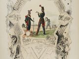 two men in uniforms stand in front of a circular frame