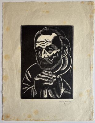 a black and white drawing of a man with a beard