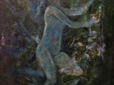 une peinture à l'huile représentant une femme debout sur un rocher dans l'eau