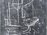 dessin d'un bateau sur un tableau noir, réalisé à la peinture blanche