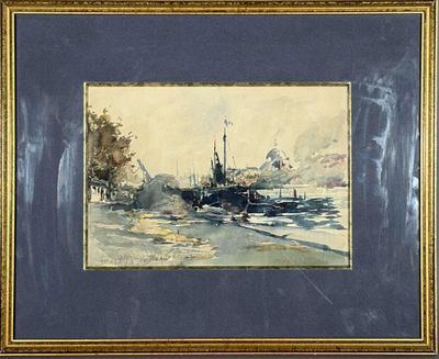 tableau représentant un bateau sur un plan d'eau, avec des arbres en arrière-plan