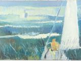 an oil painting of a sailboat in the ocean with a sailboat in the background