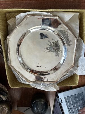 a person sitting at a table with a laptop and a silver plate