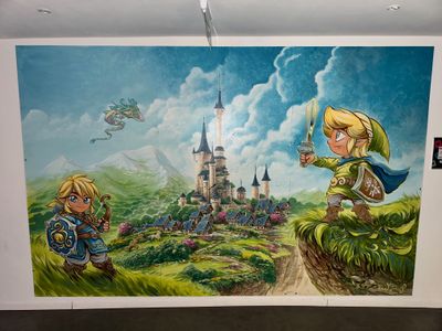 2 décors jeux vidéo - grand panneau peint vissé et effigie c…