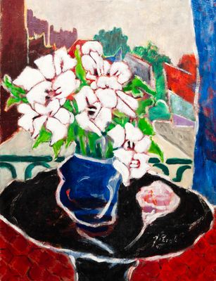 une peinture de fleurs dans un vase bleu sur une table