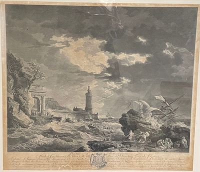 un vieux dessin représentant un phare sur un rivage rocheux, avec un bateau au premier plan
