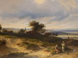painting of a landscape with two people and a horse in the foreground