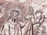 a drawing of jesus on a tile wall with angels