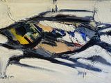 peinture abstraite représentant un oiseau sur un fond blanc, avec un bec noir et jaune