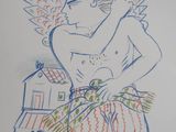 drawing of a man holding a flag with a bird on his shoulder