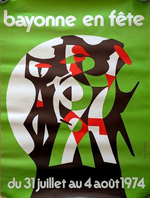 a green poster with a picture of a man and a woman on it