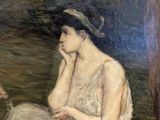 painting of a woman in a white dress sitting on the ground