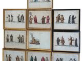 six framed pictures of men and women dressed in medieval clothing
