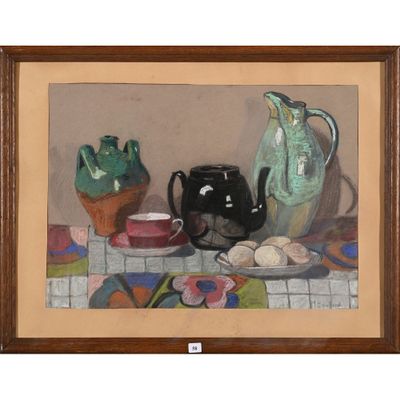 une peinture représentant une peinture d'une théière et d'autres objets posés sur une table
