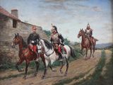 painting of a group of men riding horses down a dirt road