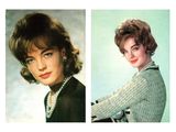 two pictures of a woman with a pearl necklace