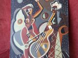 an image of a painting of people playing instruments on a red cloth