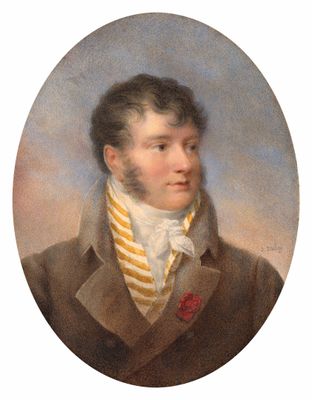 portrait d'un homme vêtu d'un manteau marron et d'une cravate à rayures jaunes