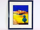 tableau représentant un arbre bleu dans un champ jaune, avec un ciel bleu en arrière-plan