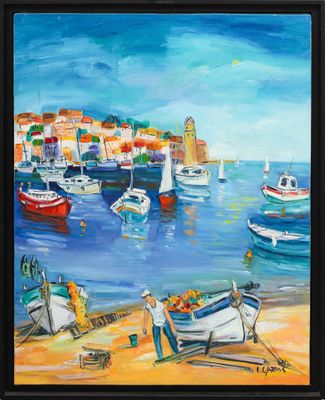 painting of boats on the beach in a harbor with buildings in the background