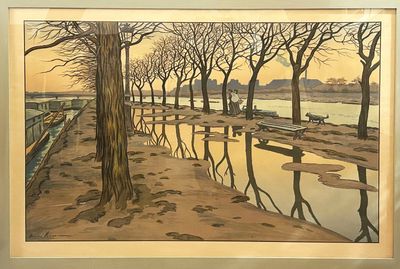 a picture of a painting of a park by the water