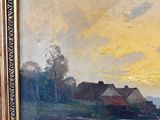 an oil painting of a sunset over a river with a boat in the water