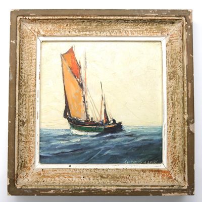 G. DESCHAMPS (XXème), Thonier face au vent, huile sur isorel…