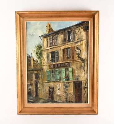 une peinture à l'huile représentant un bâtiment, encadrée dans un cadre en bois et accrochée au mur