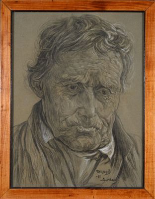 portrait of an old man with a mustache and a tie in a wooden frame