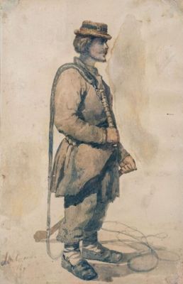painting of a man with a cane and a hat