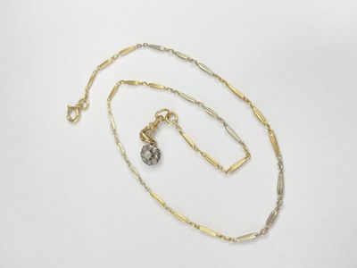 a close up of a necklace and a chain on a white surface