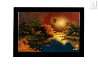 peinture représentant une peinture d'un coucher de soleil sur un plan d'eau
