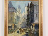 painting of a street scene with a horse drawn carriage and a horse drawn carriage