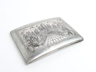 silver plated business card case with a picture of a castle on it