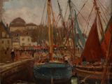 tableau représentant une scène portuaire avec des bateaux et des personnes marchant sur le quai