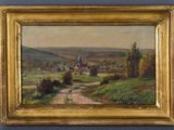 une peinture à l'huile représentant une route de campagne avec une église au loin