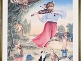 painting of a woman playing a violin in front of a group of cats