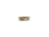 a close up of a gold and silver ring on a white background