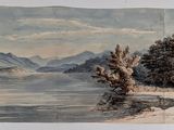 an old watercolor painting of a lake with trees and mountains in the background