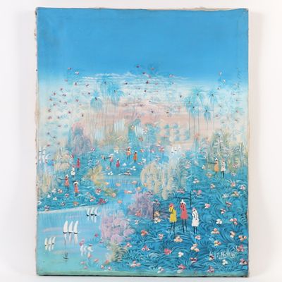 une image représentant un tableau où l'on voit des personnes dans un champ de fleurs